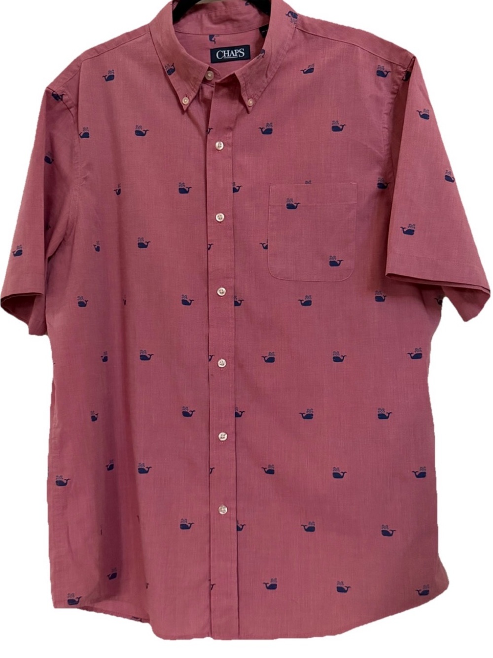 CHAPS Light Red Button Down Short Sleeve Summer Shirt With Whales Men’s Size XL